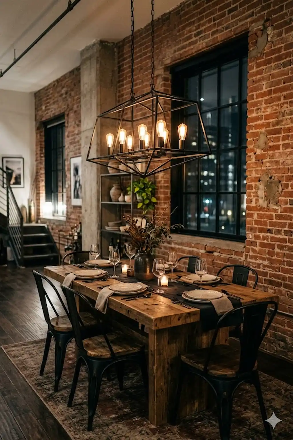 Industrial dining room featuring a black cage chandelier