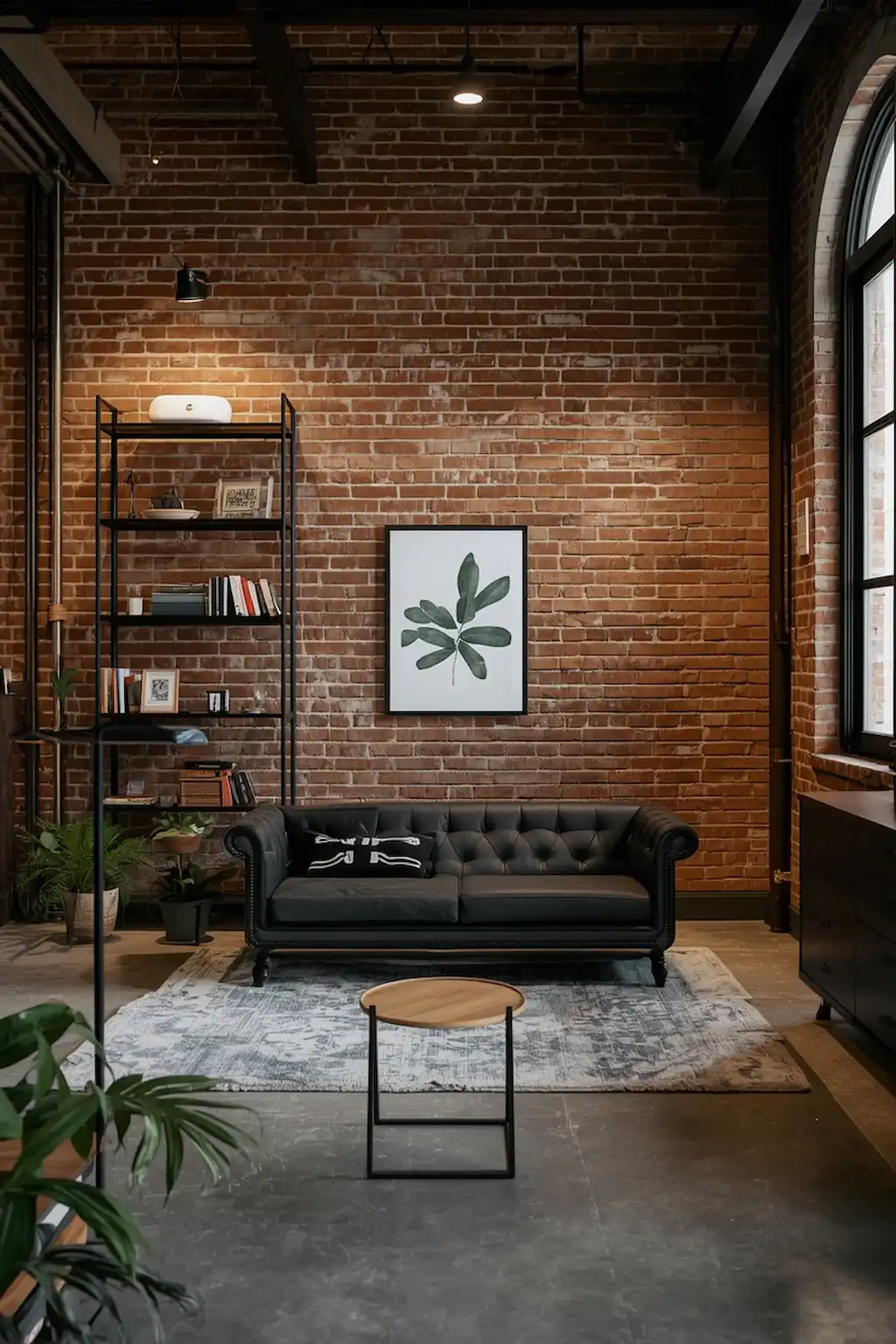 Industrial-style studio apartment with exposed brick and metal accents