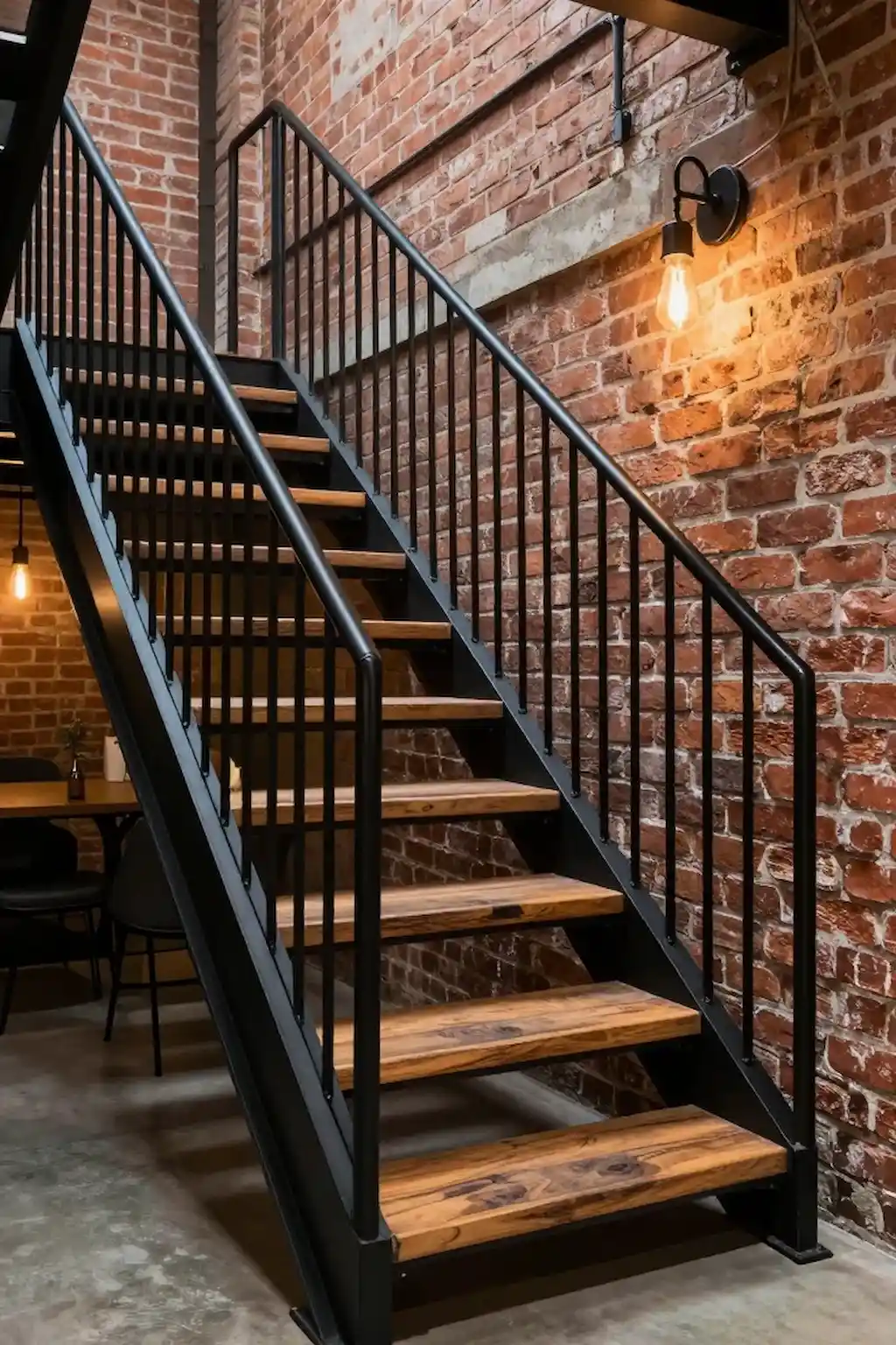 Industrial staircase with black metal railings, wood steps, and exposed brick walls
