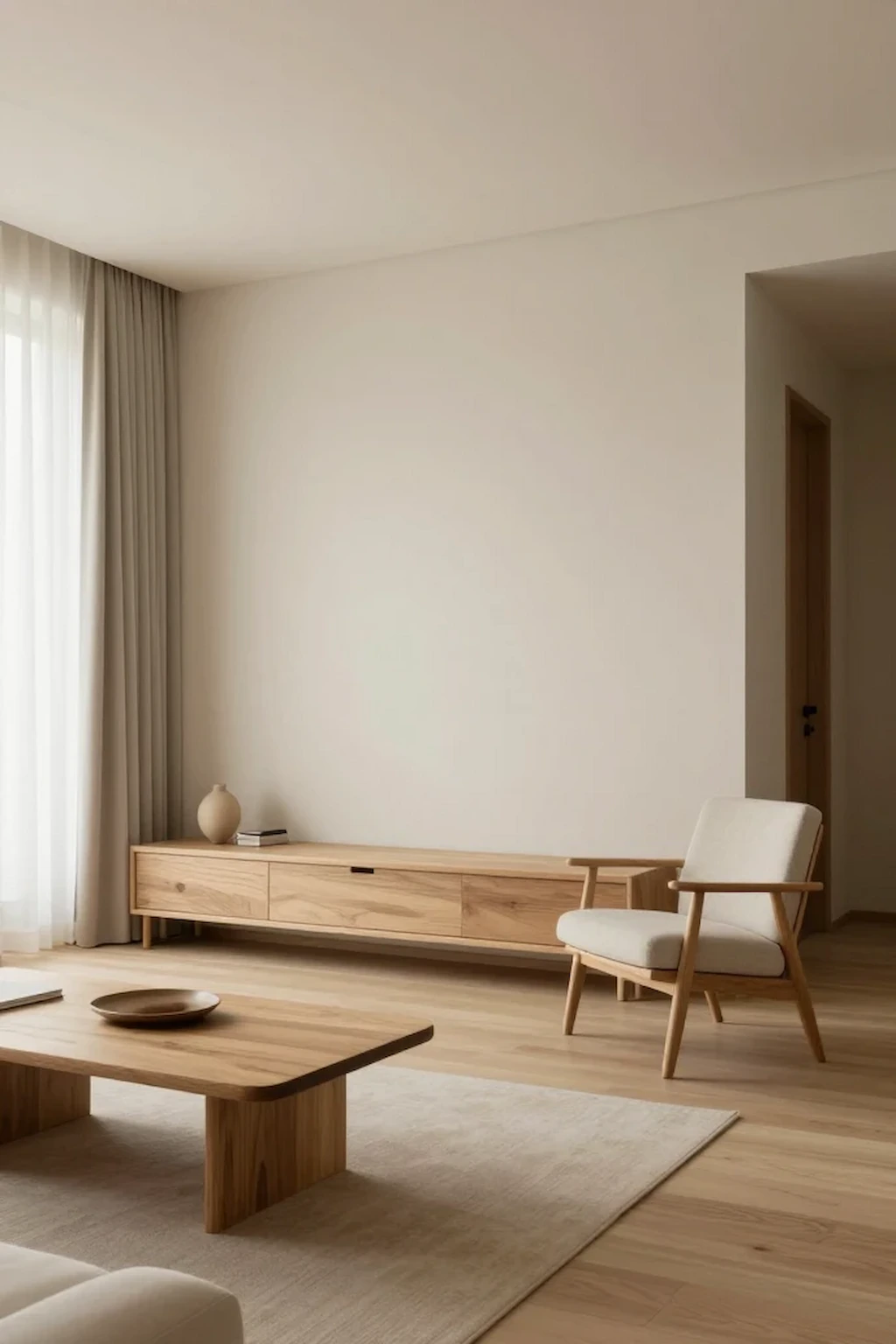 Japandi-inspired studio apartment with minimalist furniture and natural textures