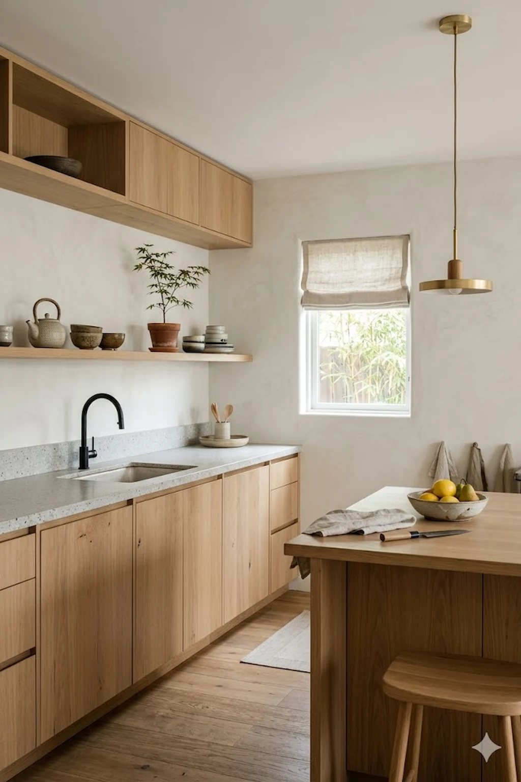 Japandi kitchen with light wood cabinets, clean lines, and natural textures