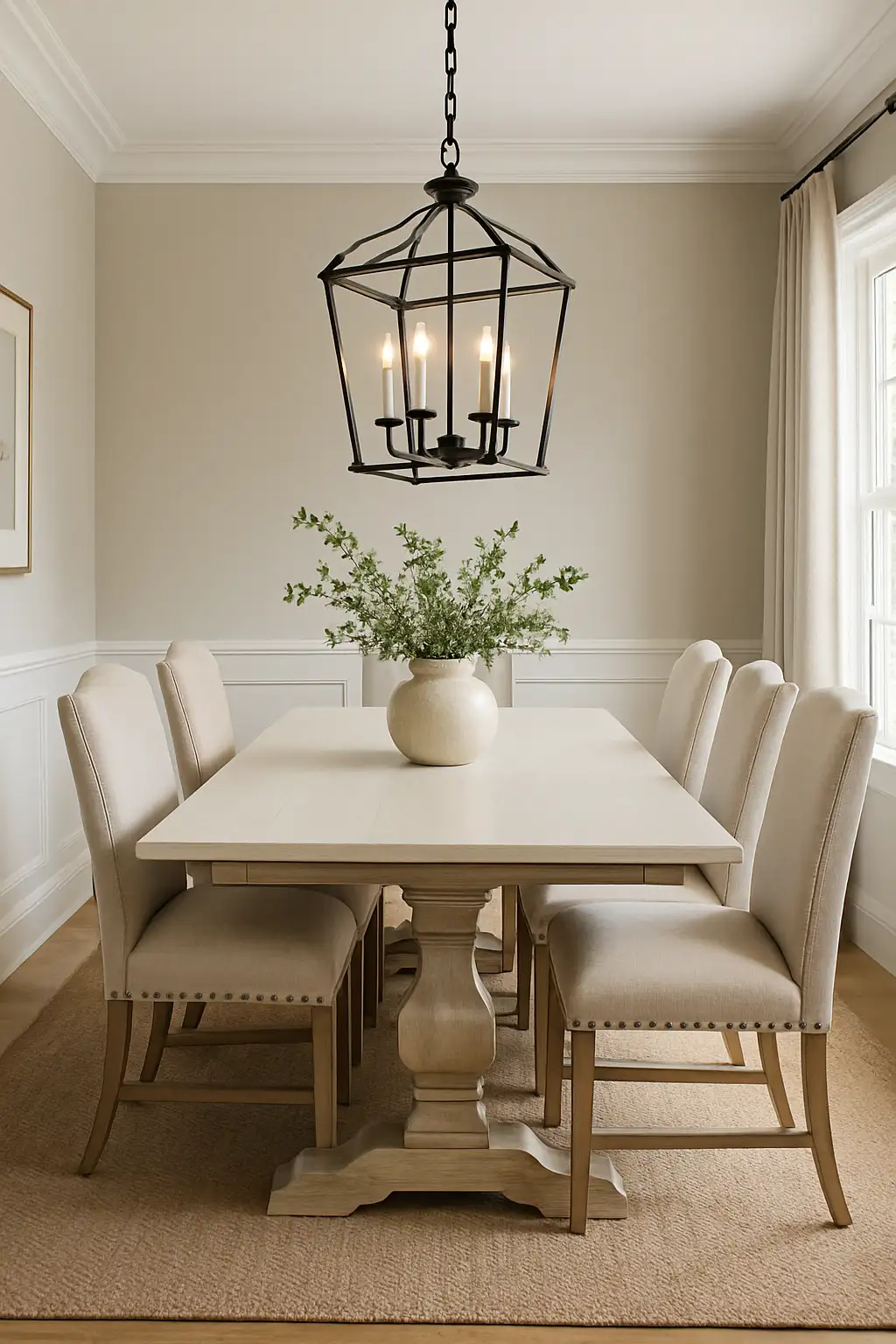 Dining room with a stylish lantern chandelier above the table