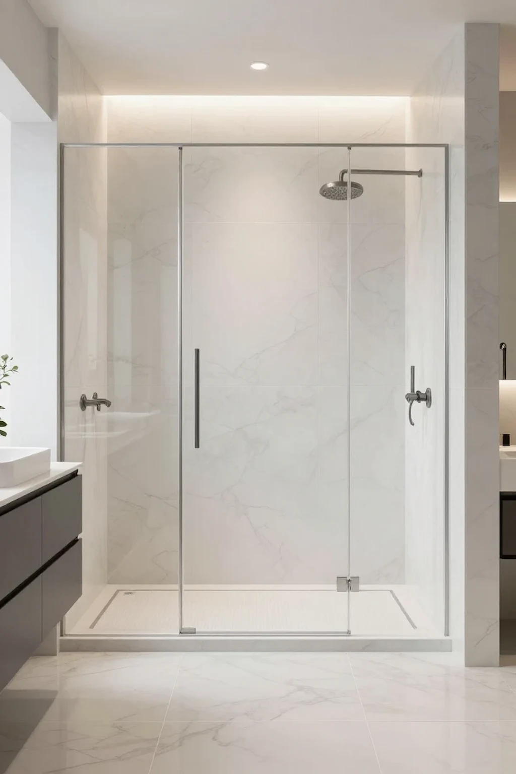 Modern curbless shower with oversized porcelain tiles and seamless design