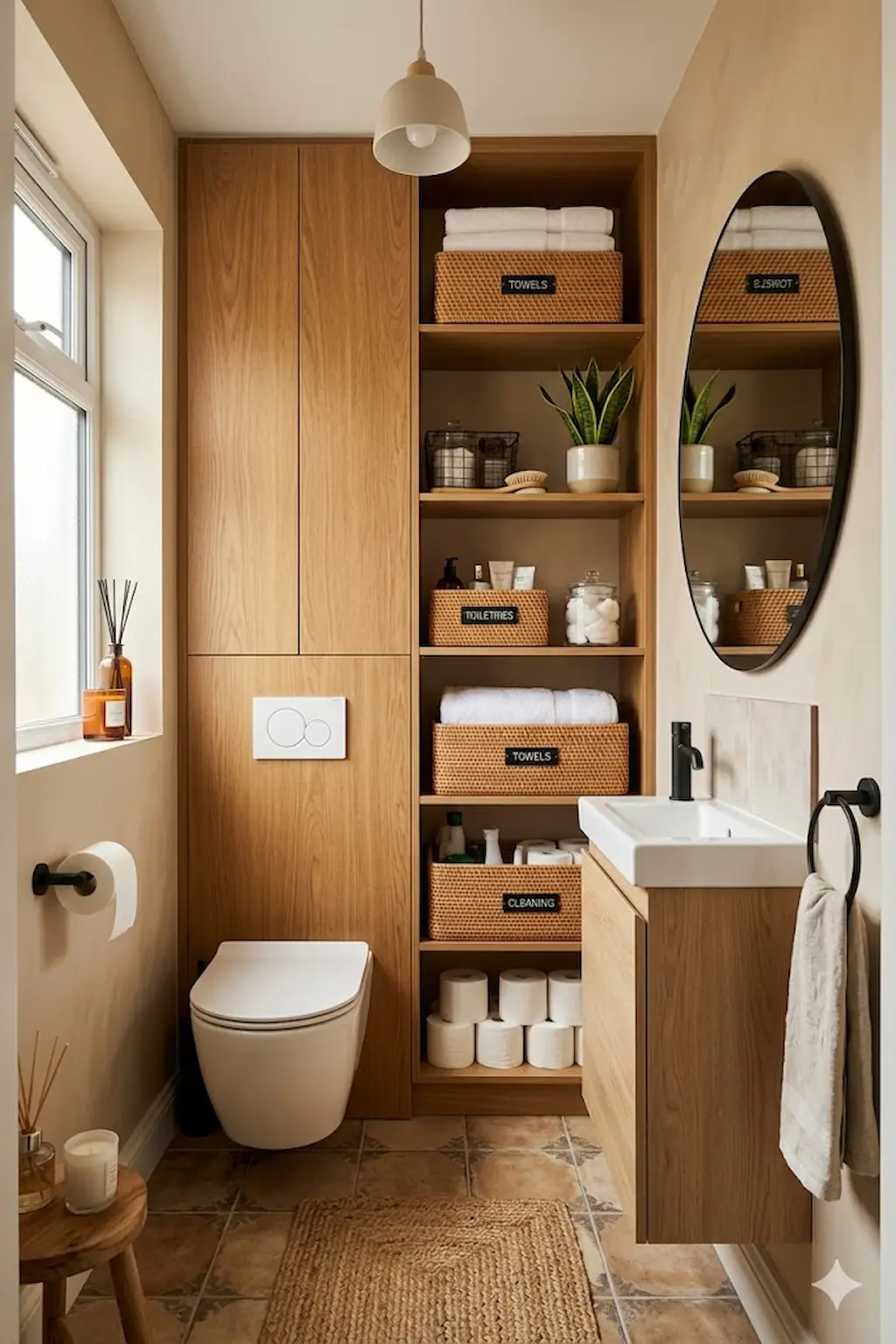 Small toilet room with oversized mirror reflecting light and making the room feel larger
