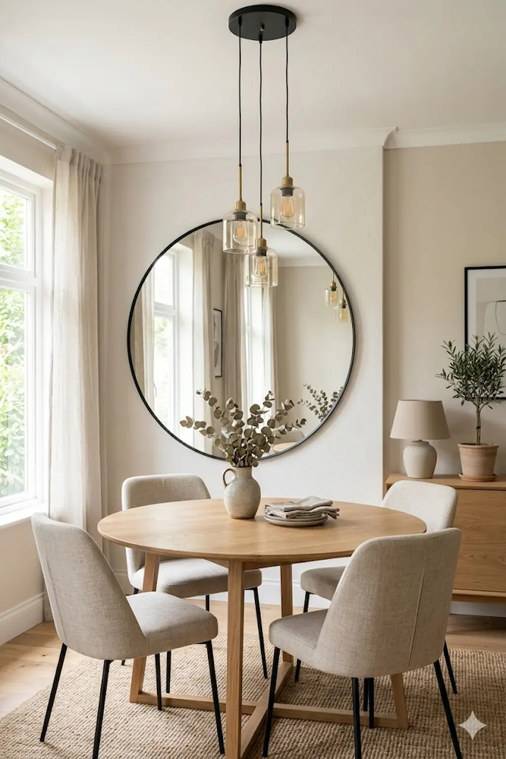 Minimalist dining room featuring a large round mirror above a modern dining table