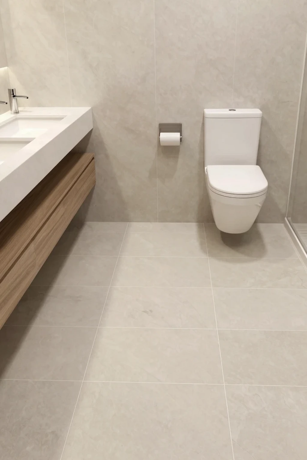 Small toilet room with large-format floor tiles creating a seamless spacious appearance