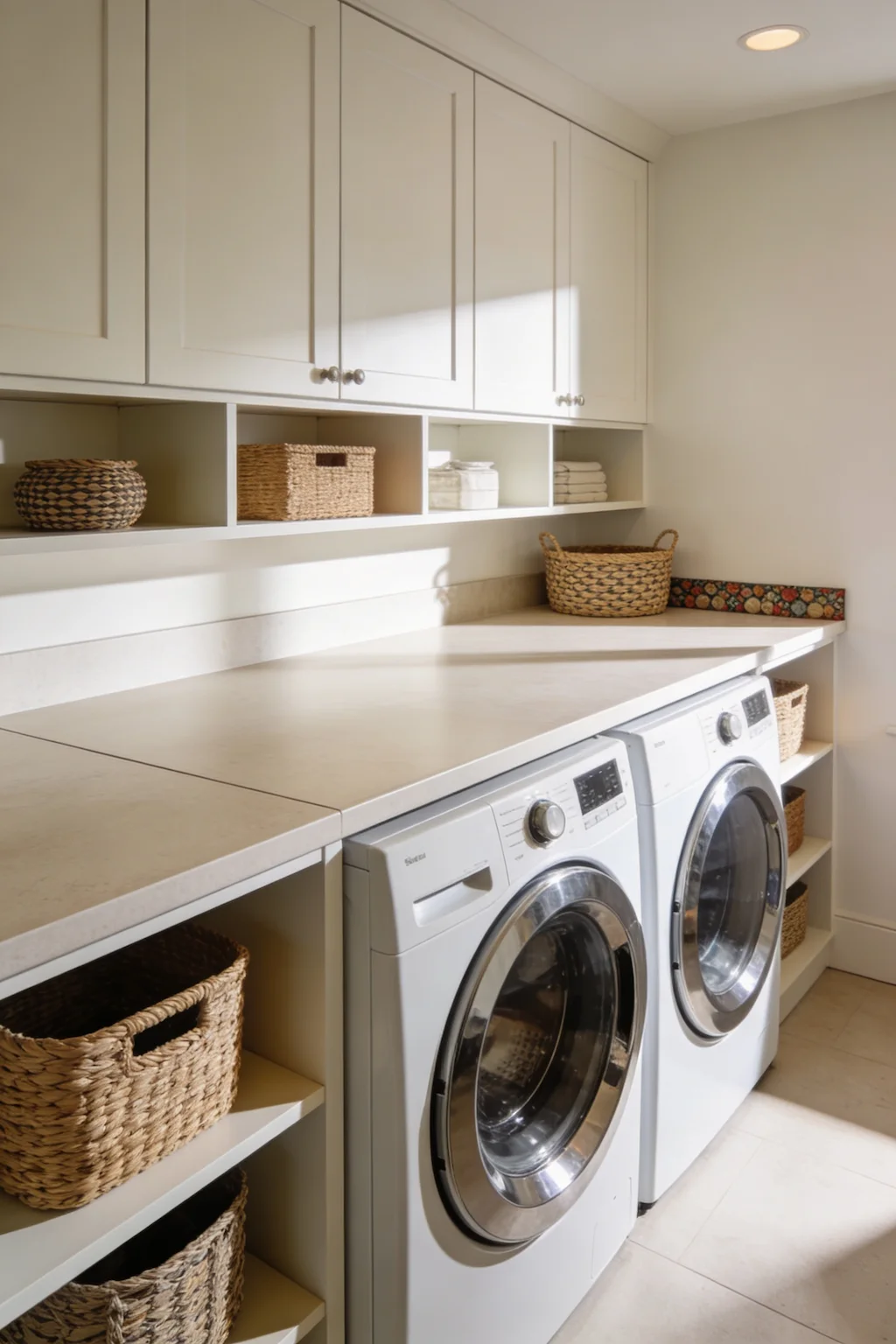 Functional laundry room featuring a countertop folding station above front-load machines