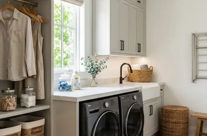 Stylish laundry room featuring a modern washer and dryer set with organized storage and beautiful cabinetry