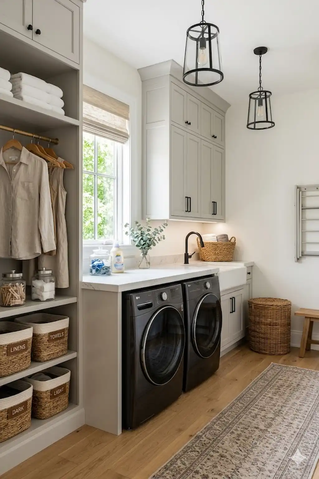 Stylish laundry room featuring a modern washer and dryer set with organized storage and beautiful cabinetry