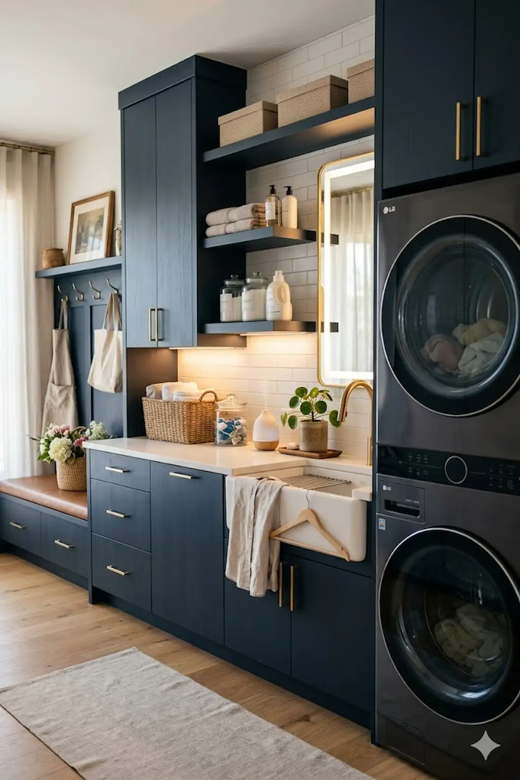 Modern laundry room featuring under-cabinet lighting above washer and dryer