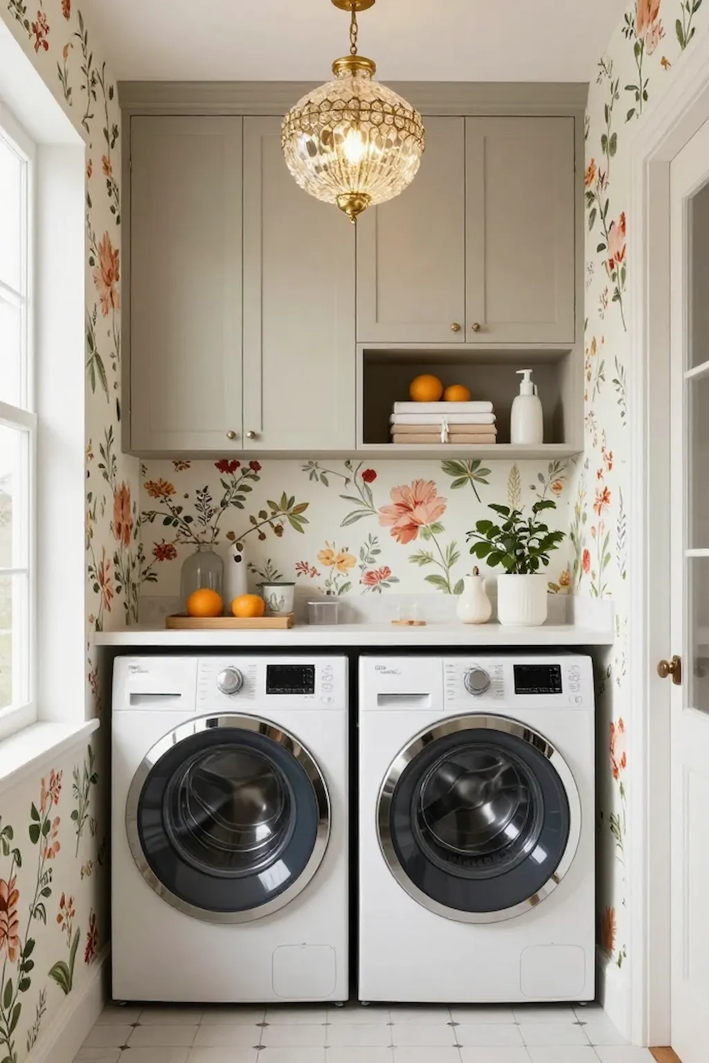 Laundry room featuring bold decorative wallpaper and modern appliances
