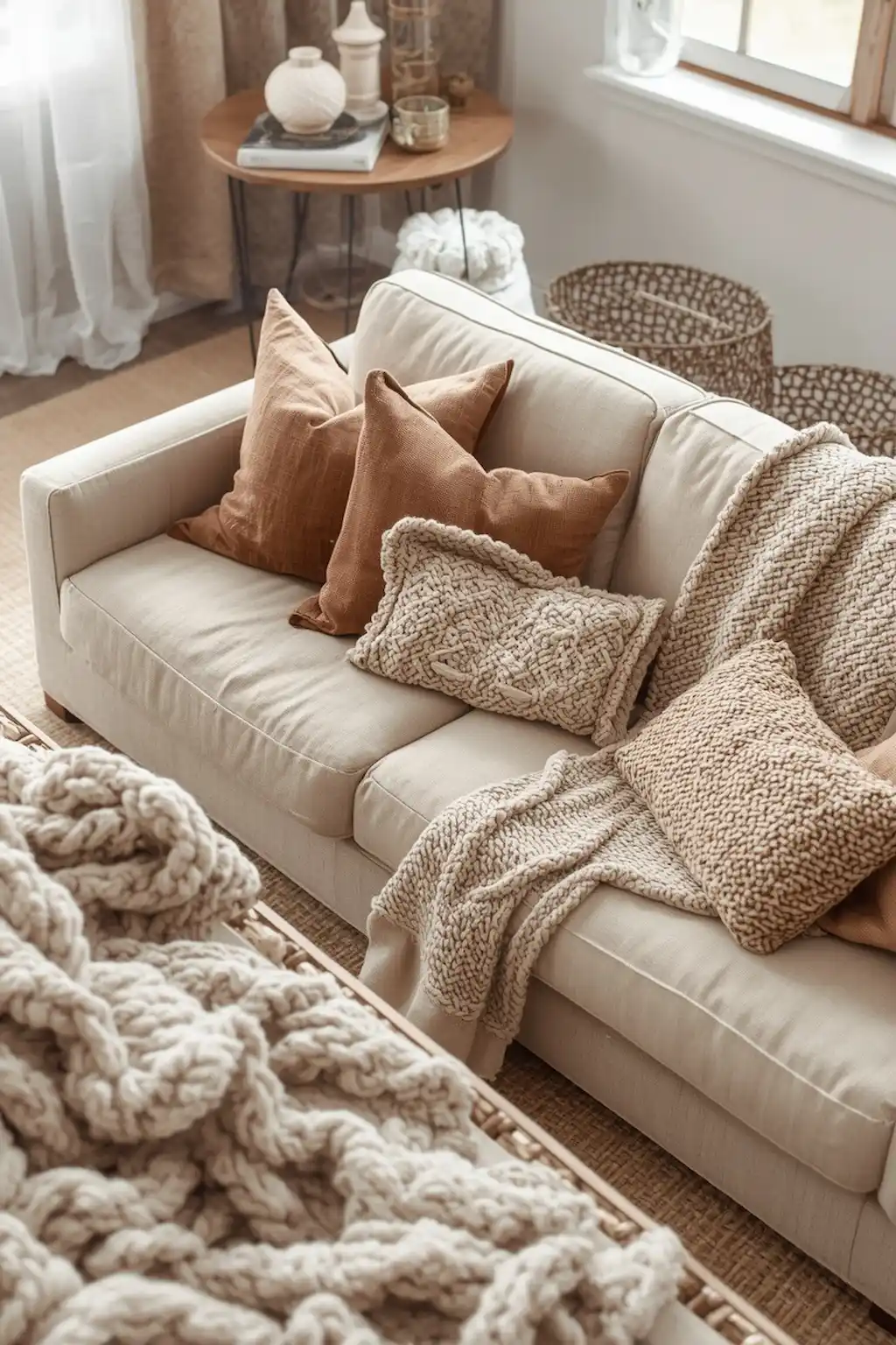 Cozy living room layered with knit blankets, textured pillows, and soft fabrics