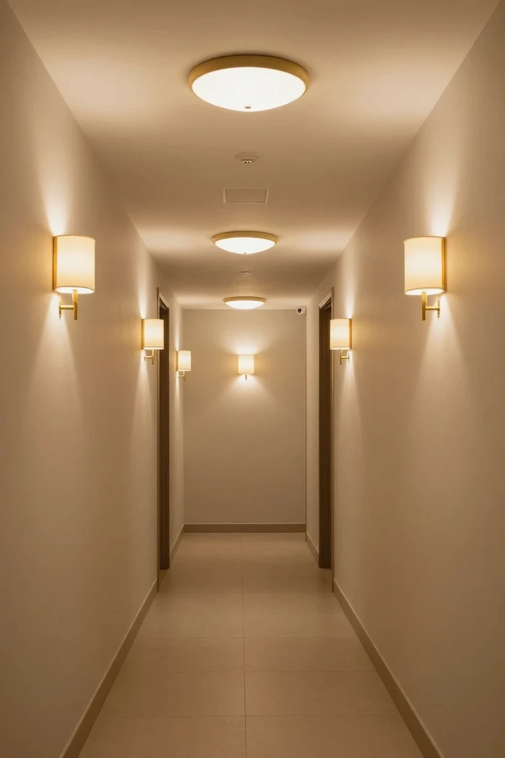 Narrow hallway illuminated with layered lighting for warmth and depth