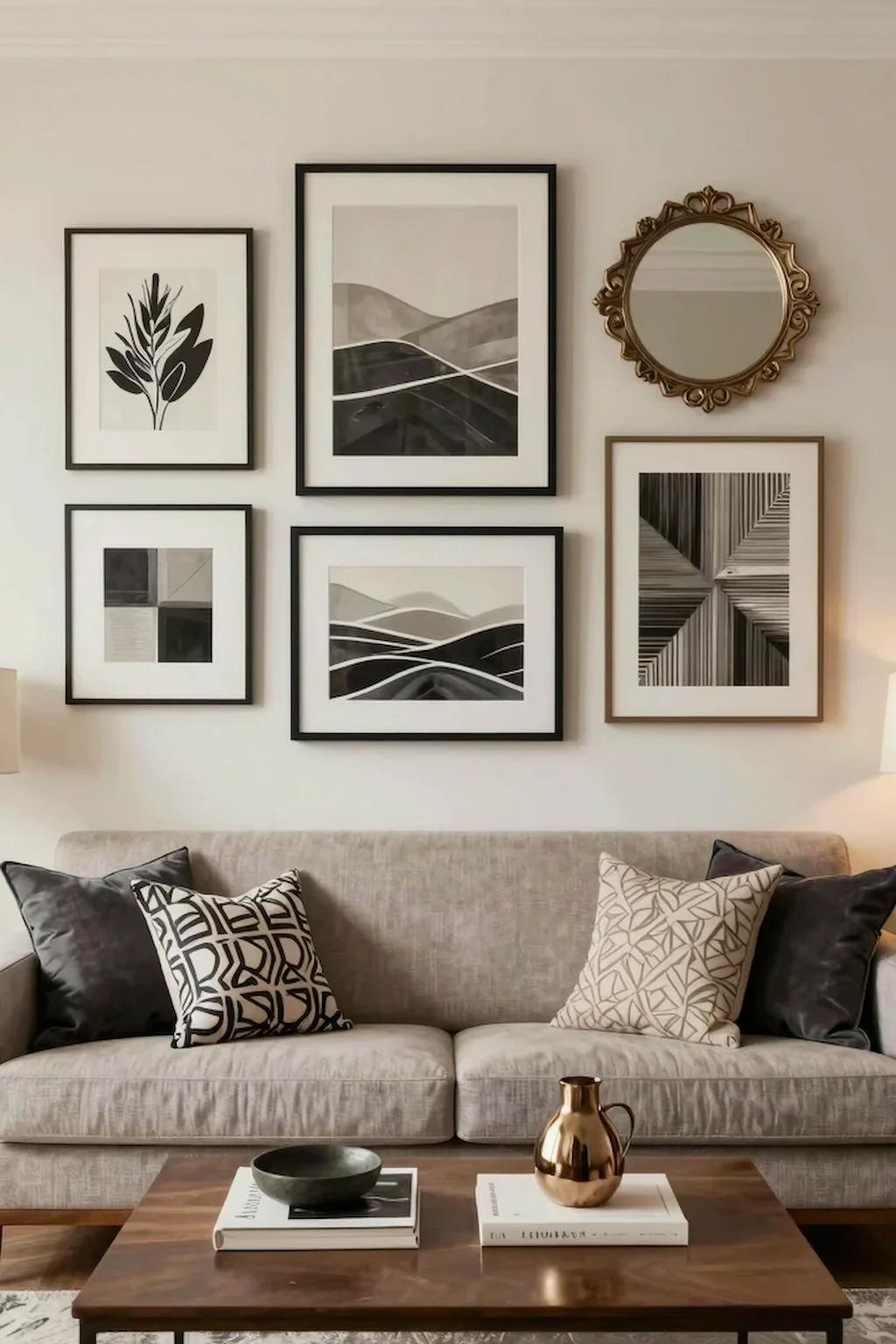 Stylish living room featuring layered artwork and mirrors for added depth and interest