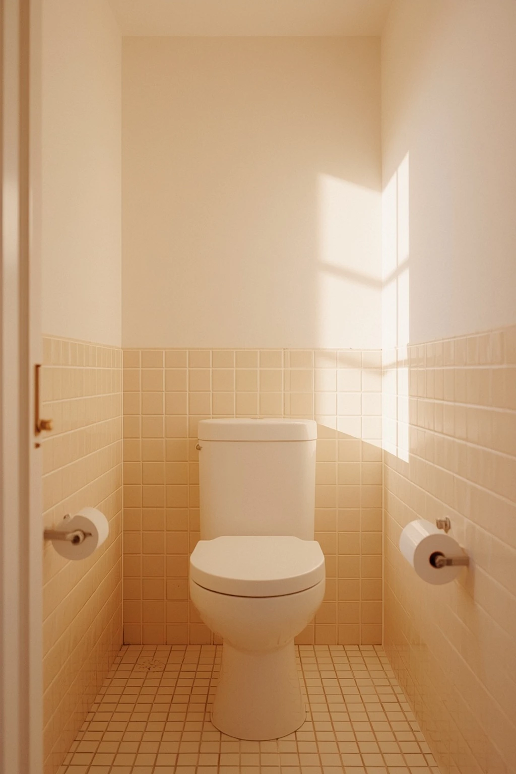Small toilet room decorated with soft white and beige tones creating a bright spacious appearance.