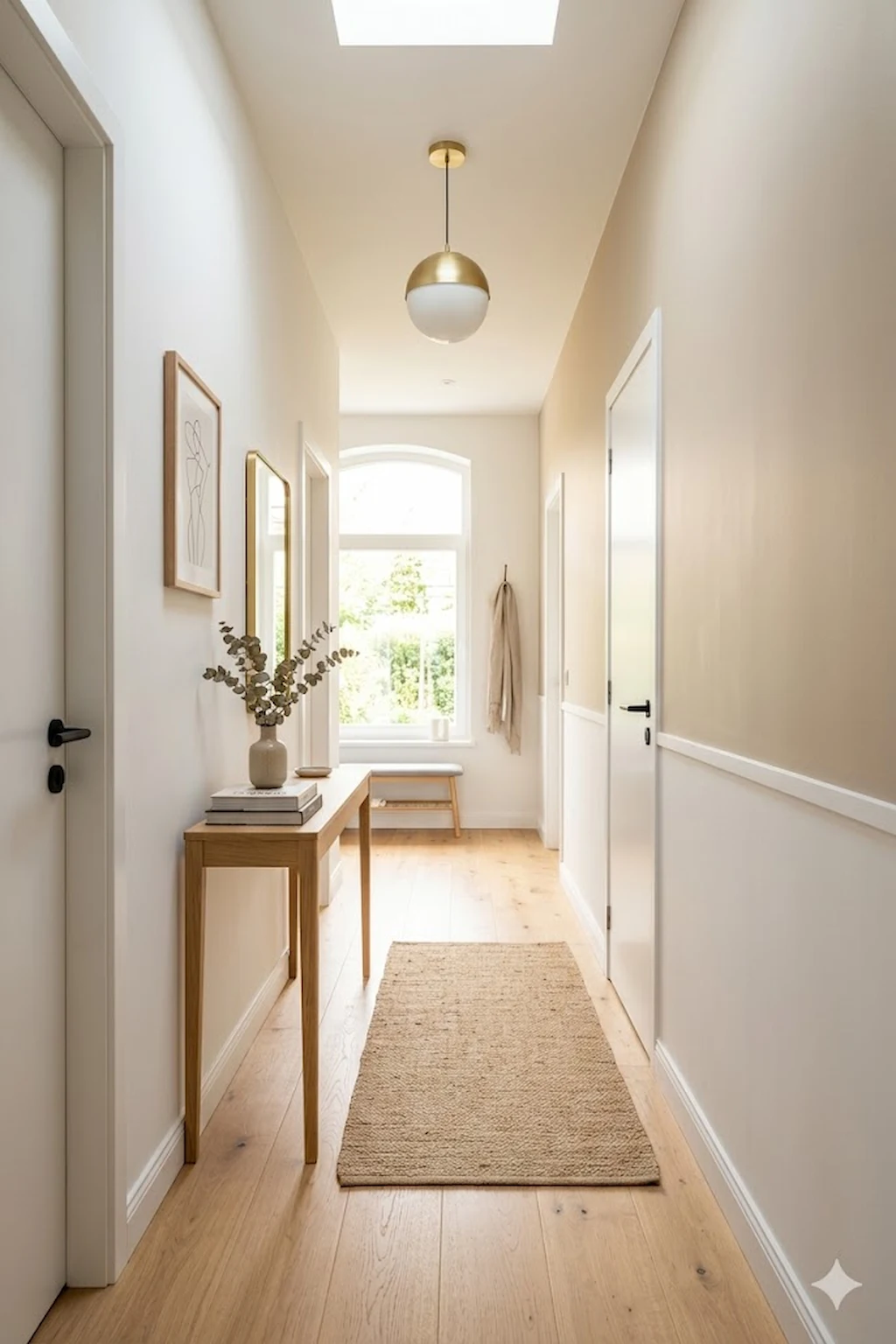 Tiny hallway decorated with soft white walls and light wood flooring