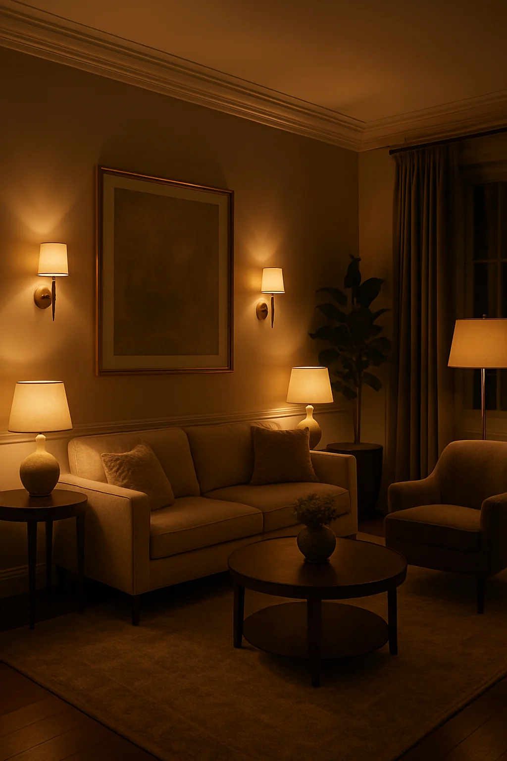 Cozy living room with layered lighting from lamps and accent lights