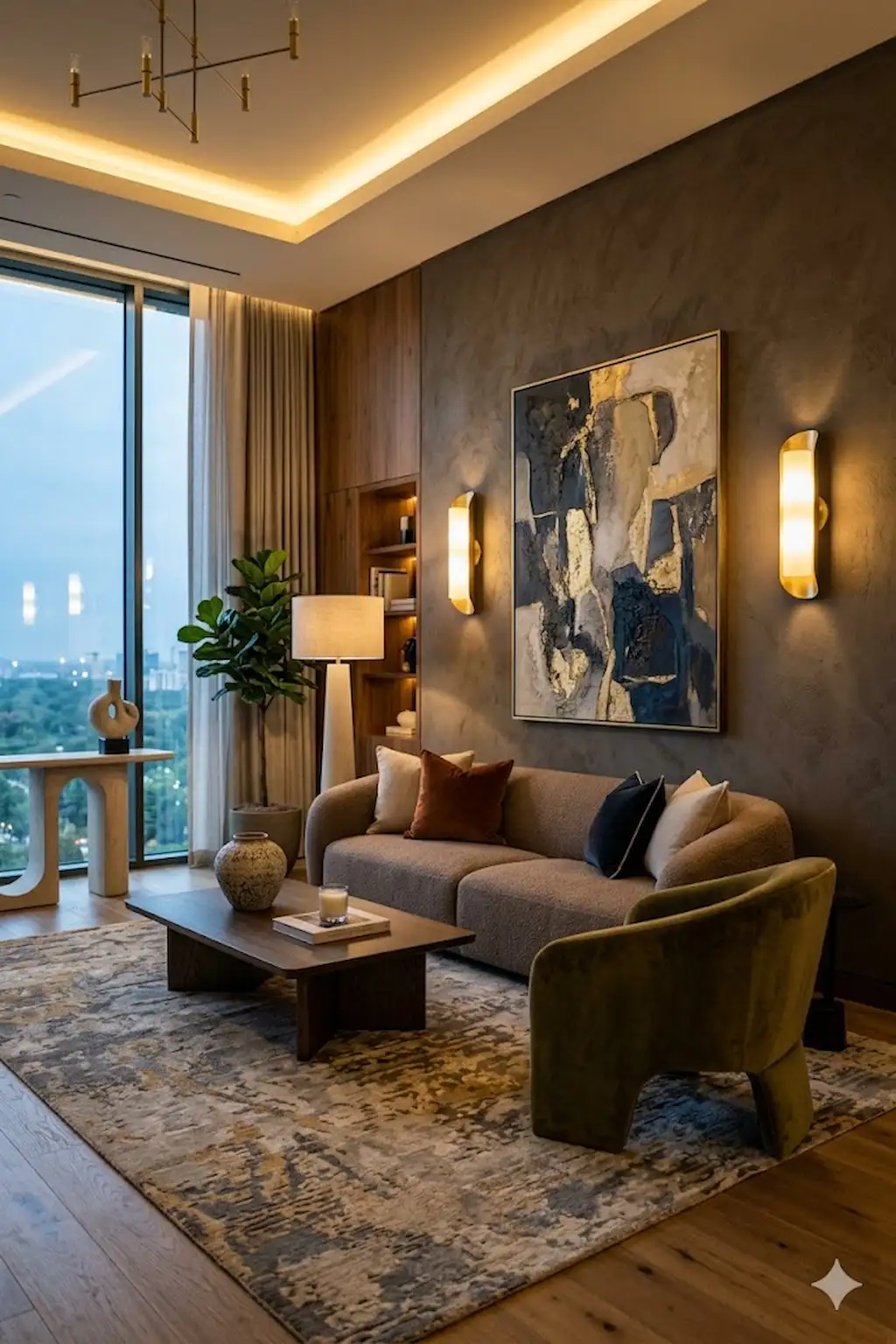 Stylish living room featuring decorative wall sconces and elegant wall styling