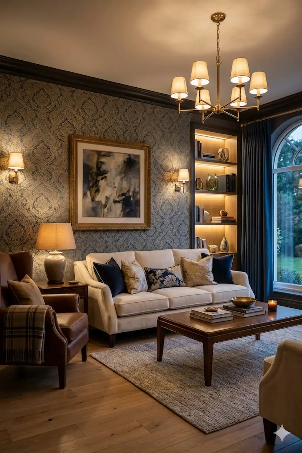Stylish living room featuring a decorative wallpaper accent wall