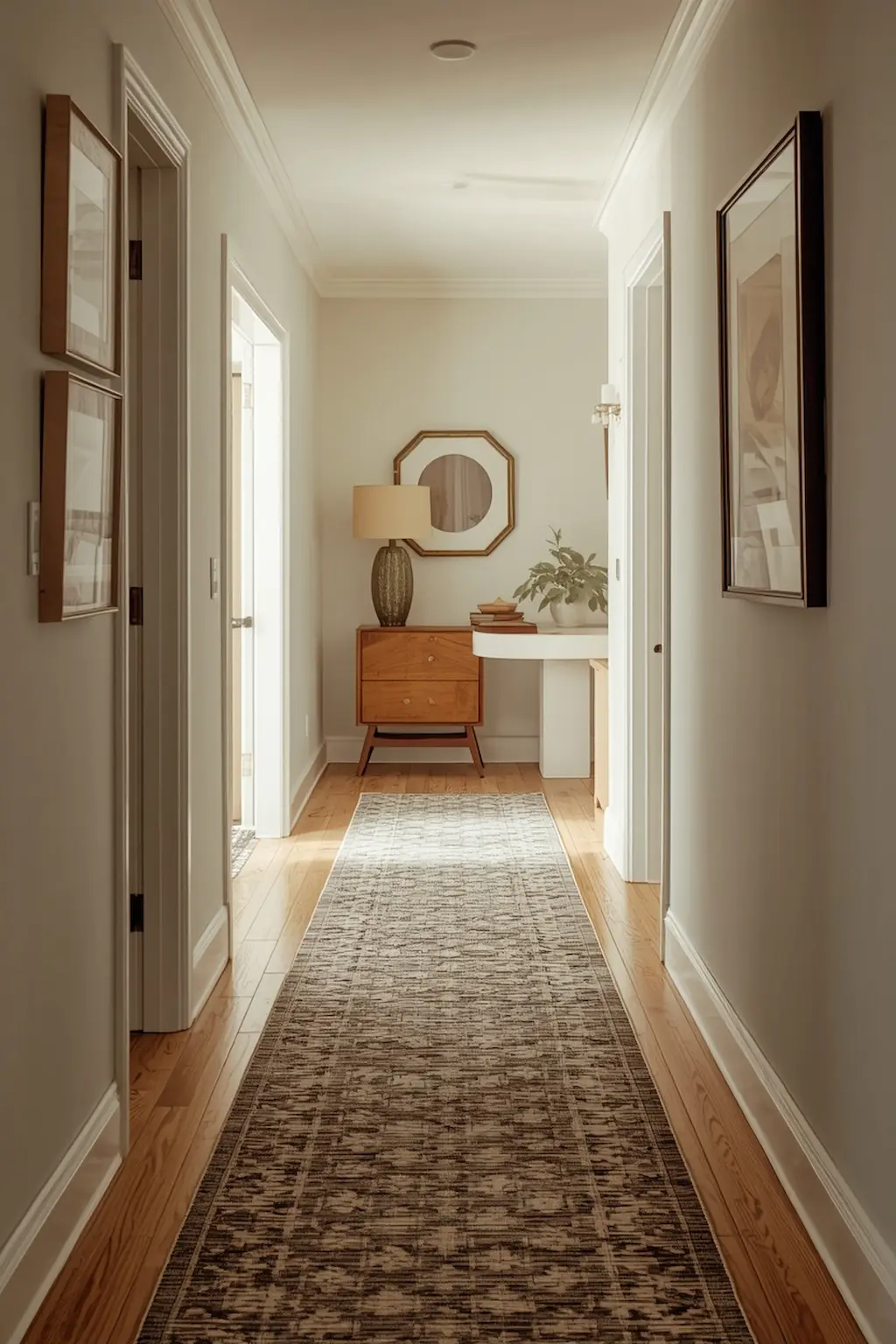 Stylish upstairs hallway featuring a decorative runner rug and warm inviting decor