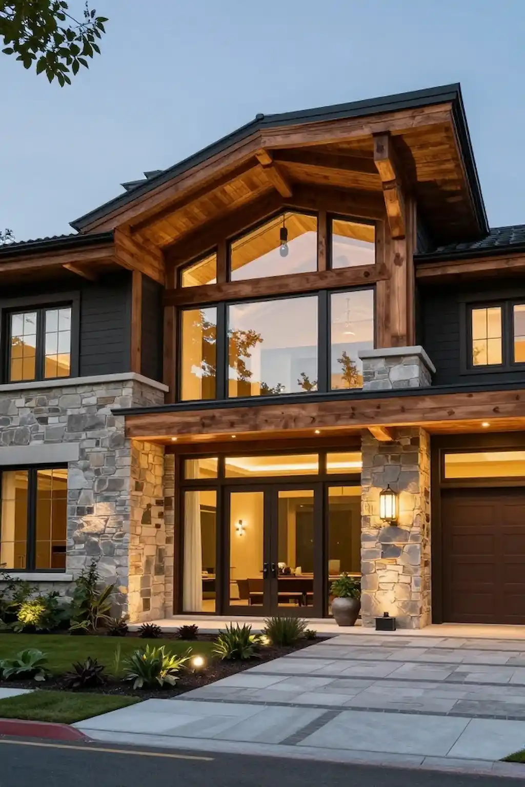 Upscale home exterior showcasing rich cedar soffits and premium architectural details