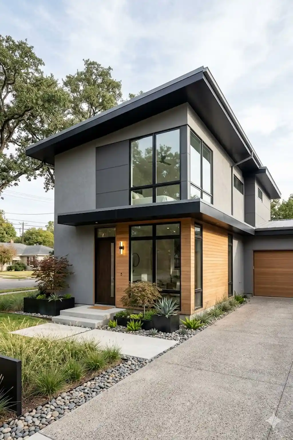 Upscale home exterior showcasing rich cedar soffits and premium architectural details