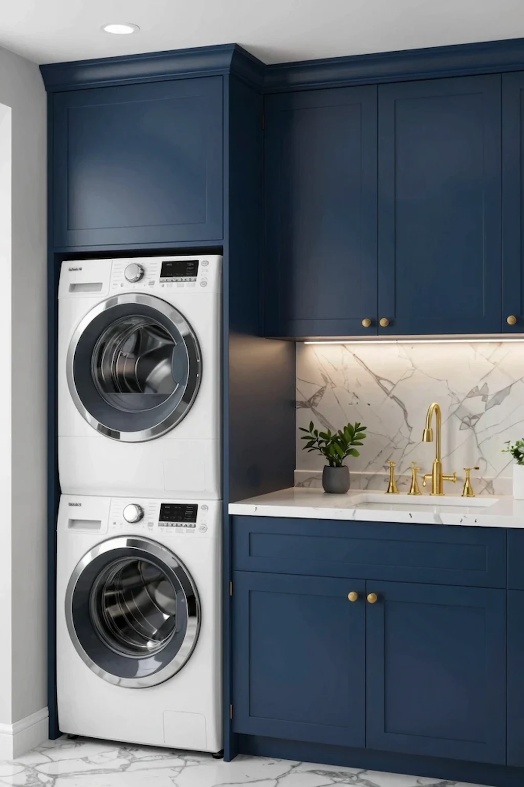 Sophisticated laundry room with dark cabinets and modern washer dryer appliances