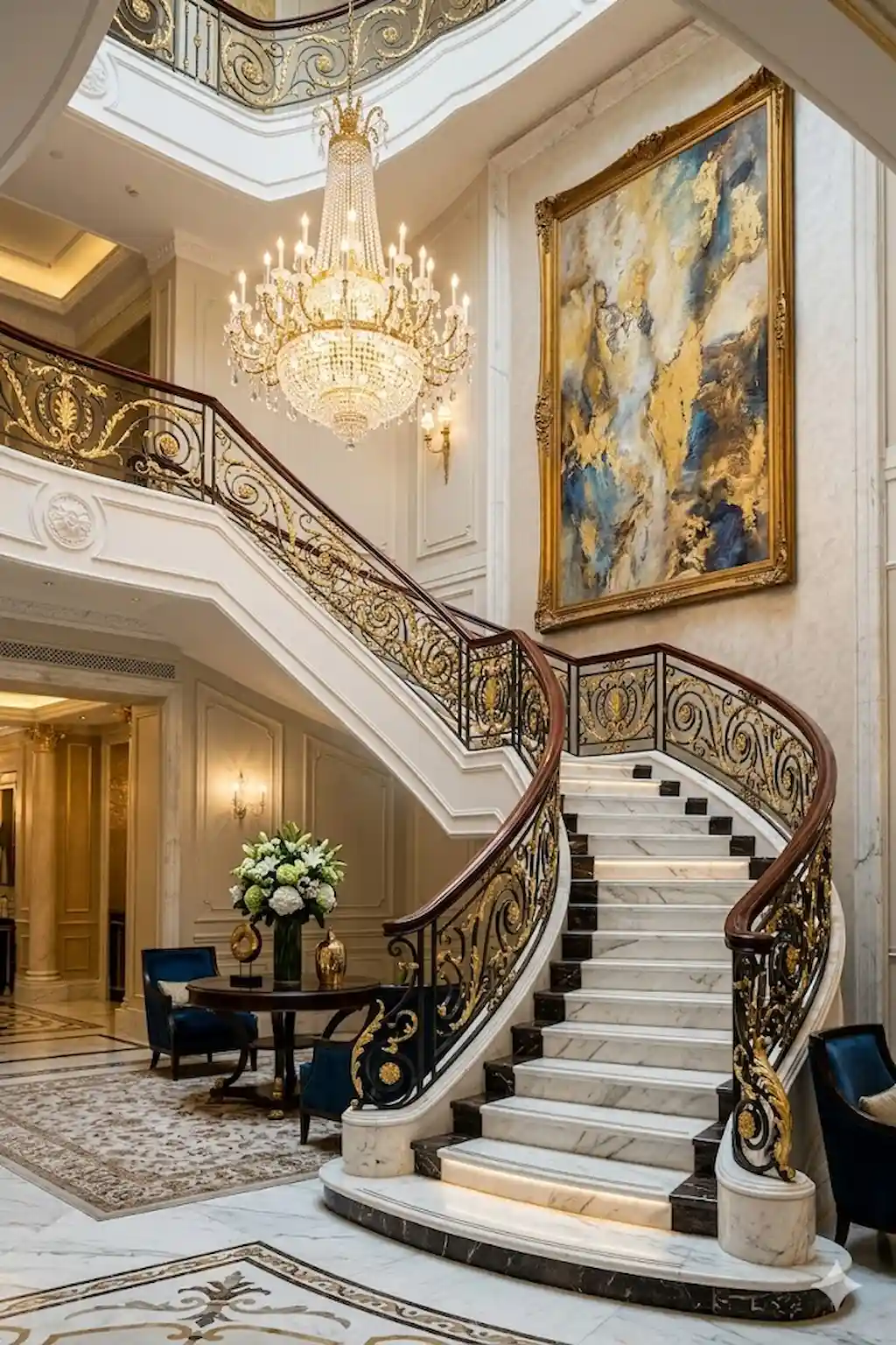 Elegant stairway with marble steps, designer lighting, and upscale decor