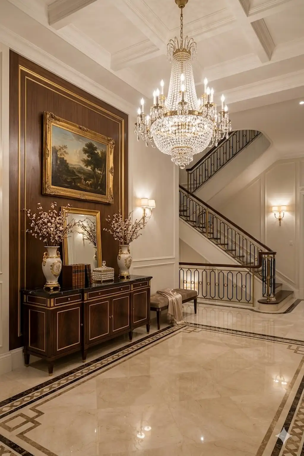 Elegant marble foyer with high-end finishes and designer lighting