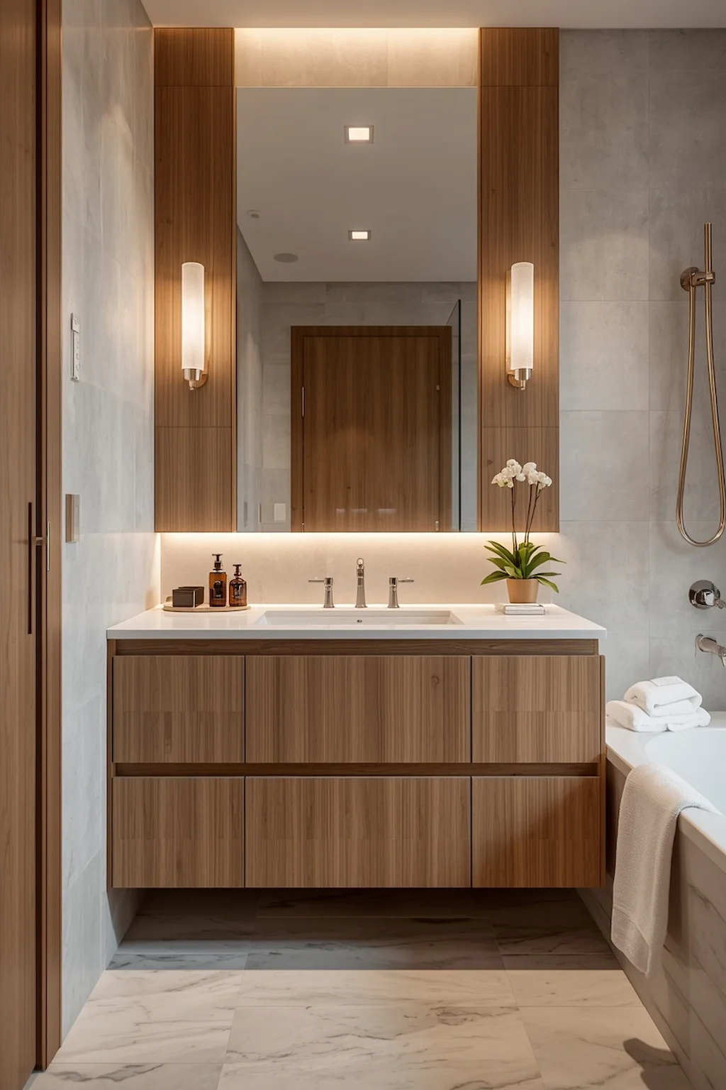 High-end bathroom featuring wood cabinetry paired with elegant marble countertops