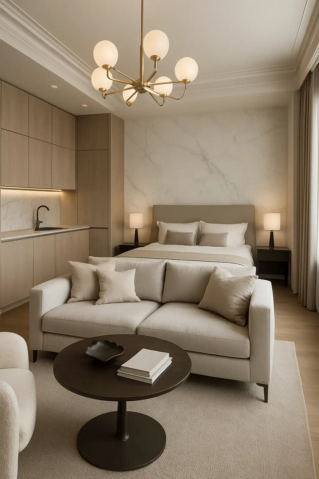 Elegant luxury studio apartment with premium finishes and modern decor