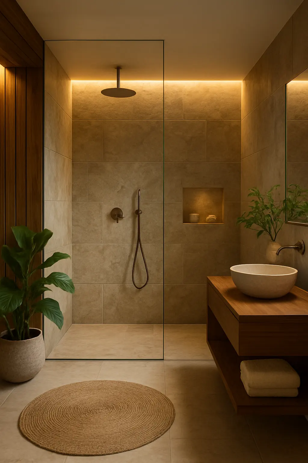 Spa-inspired bathroom with spacious curbless walk-in shower and natural materials
