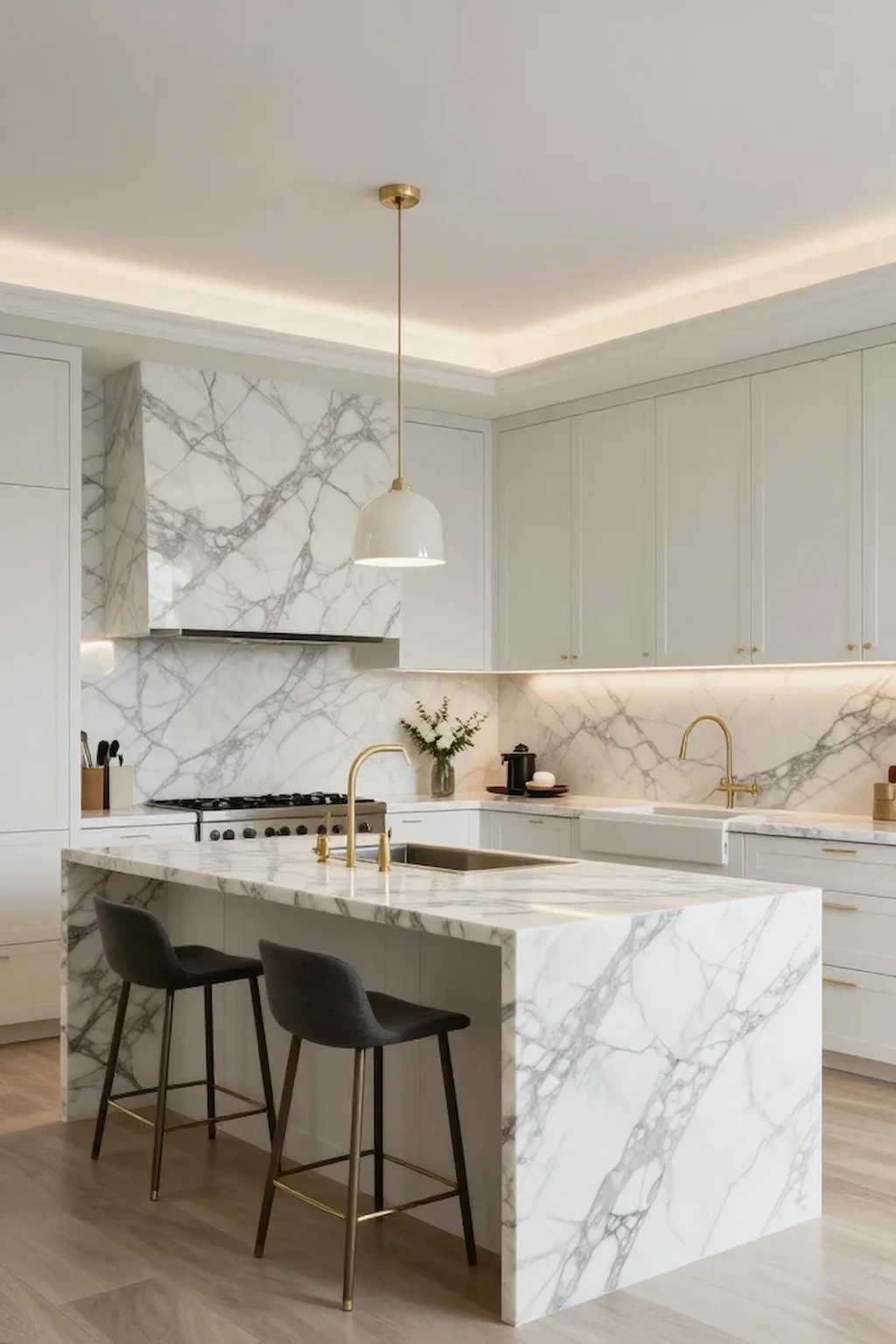 Open kitchen with marble countertops and marble backsplash