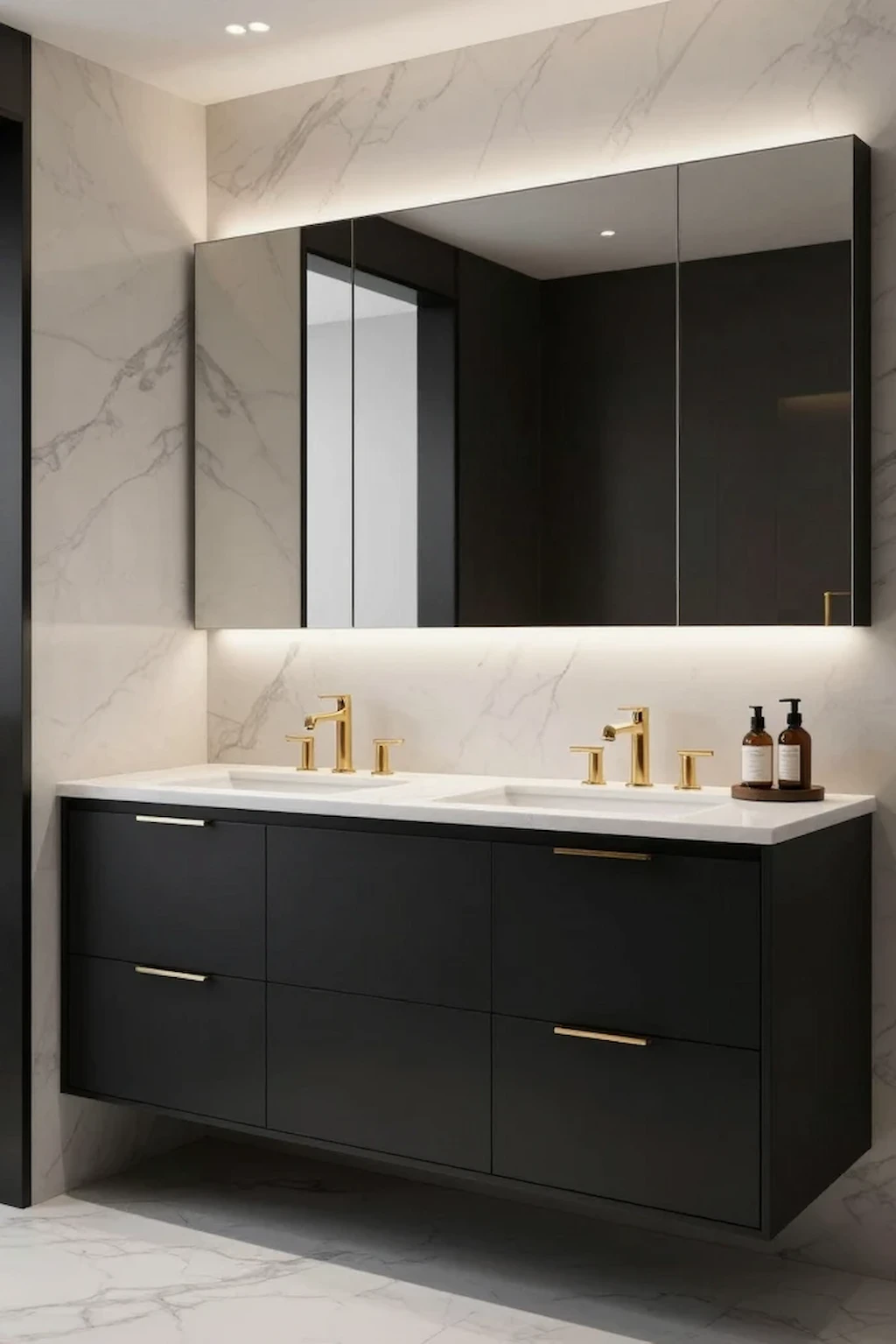 Stylish bathroom featuring a matte black cabinet paired with marble surfaces and gold hardware