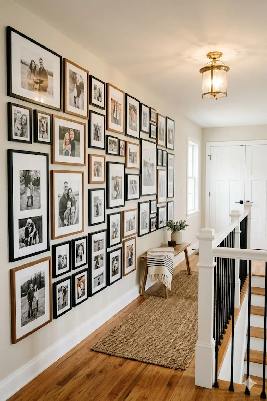 Upstairs hallway decorated with a stylish gallery wall of family photographs and elegant frames
