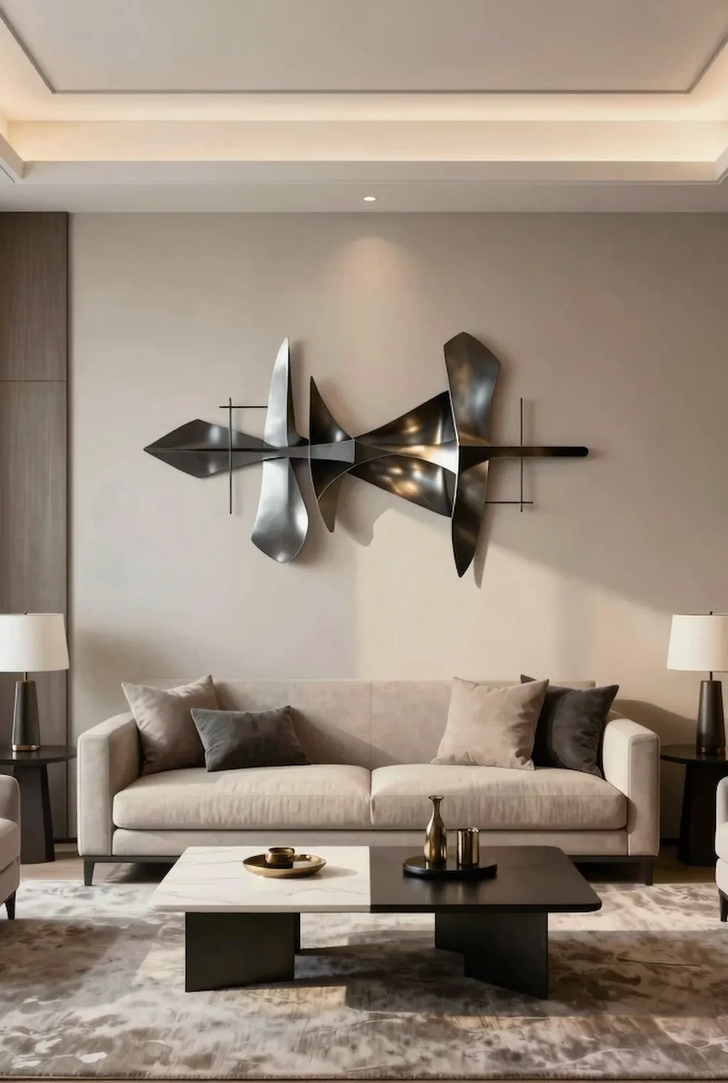 Modern living room featuring oversized metal wall sculptures as statement decor