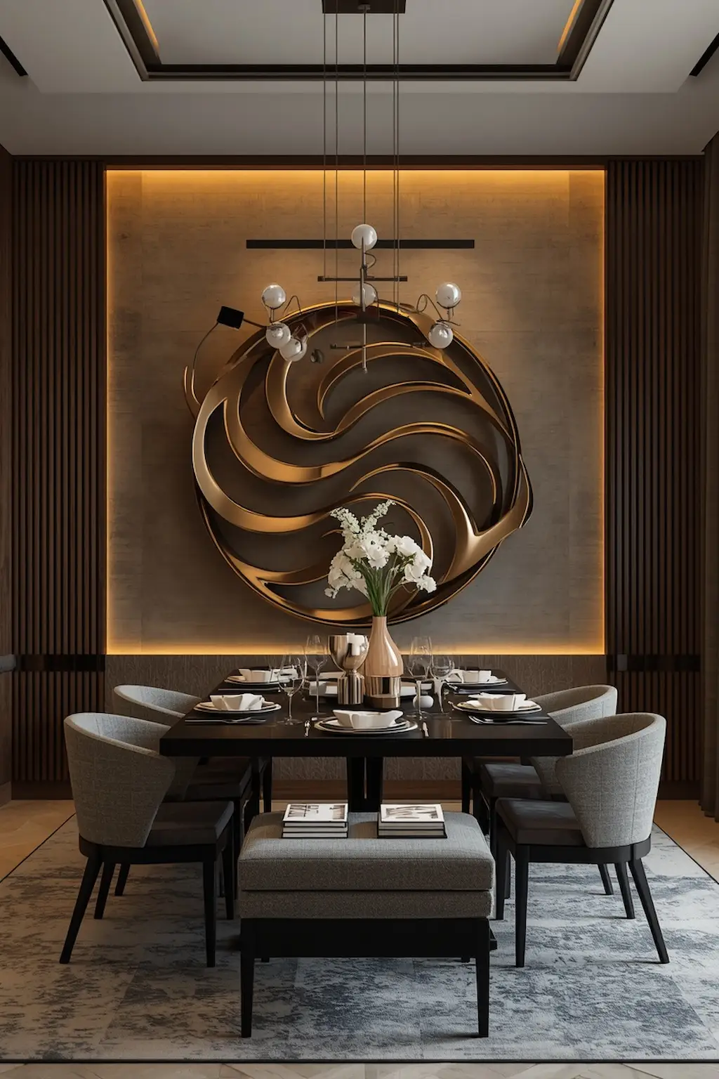 Contemporary dining room featuring a large decorative metal wall sculpture