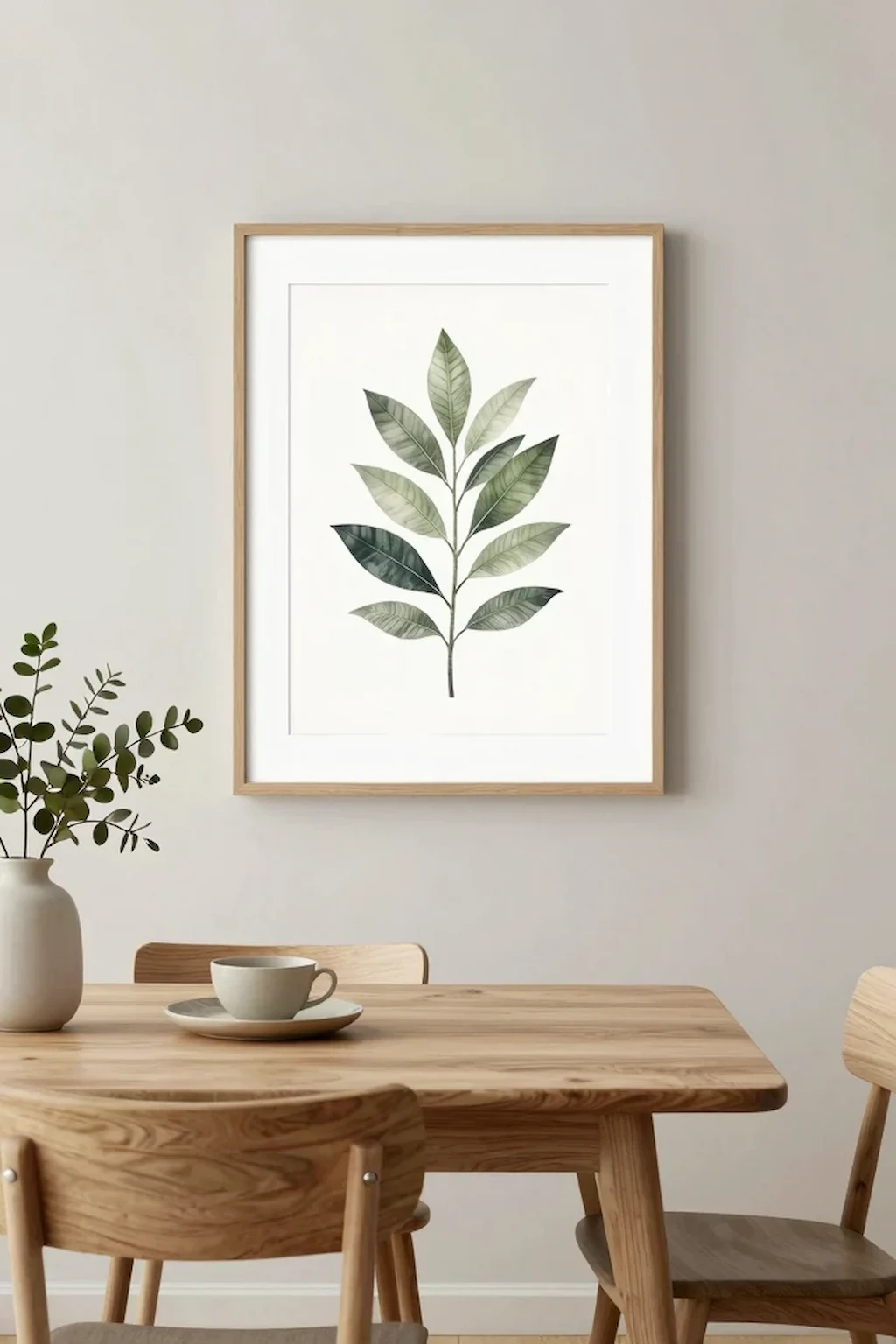 Dining room wall decorated with simple botanical artwork in matching frames