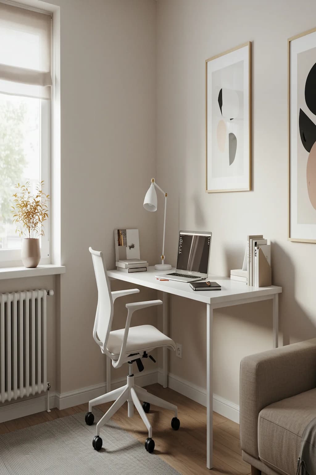 Minimalist corner study area with simple desk and neutral decor