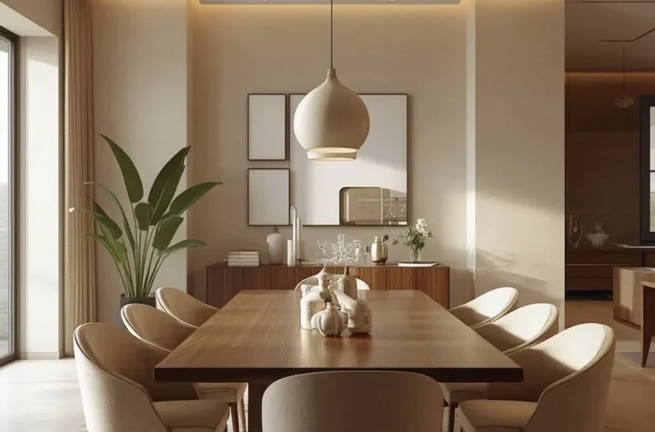 Modern minimalist dining room featuring elegant wall decor, neutral colors, sleek furniture, and contemporary styling