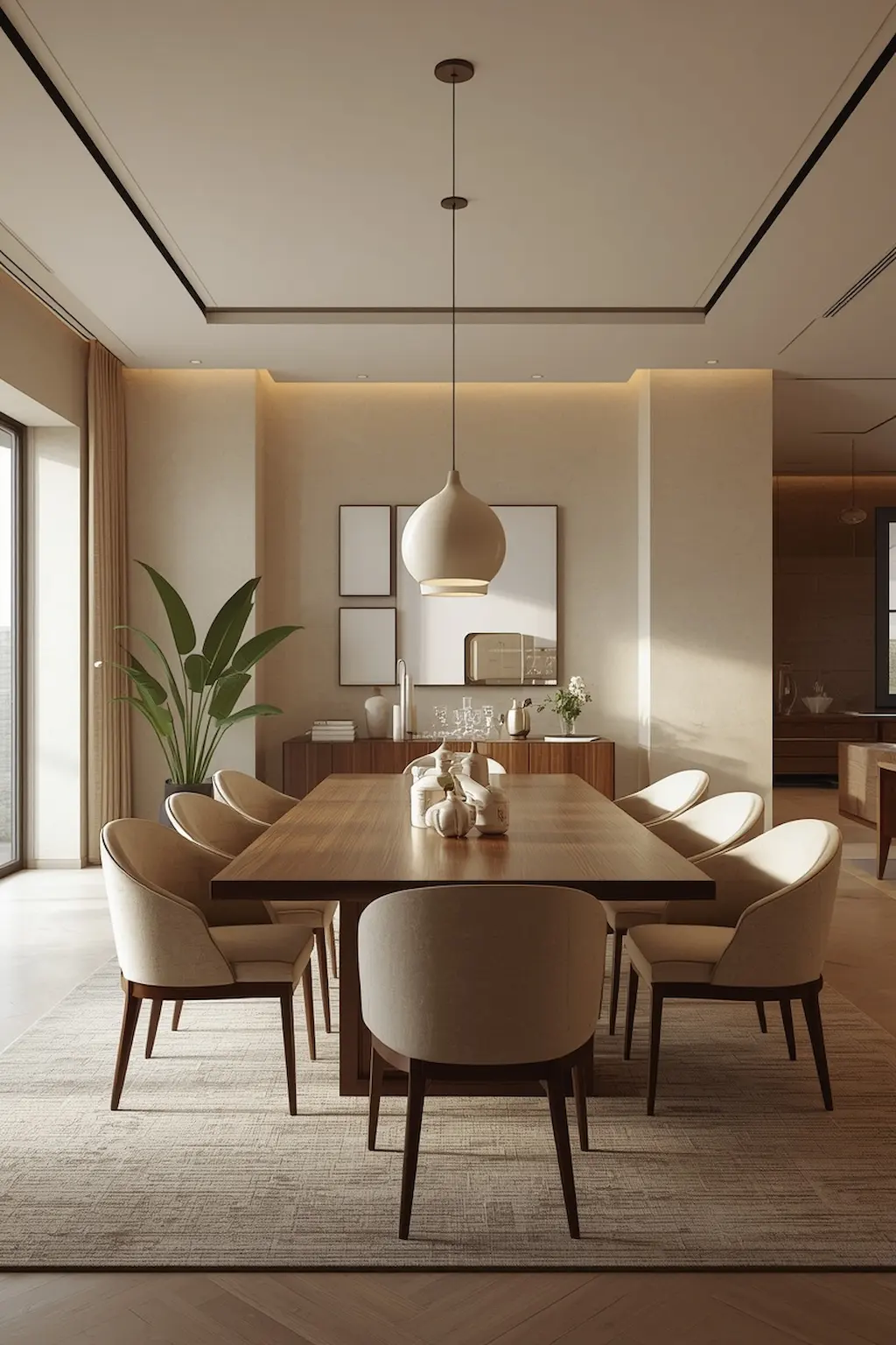 Modern minimalist dining room featuring elegant wall decor, neutral colors, sleek furniture, and contemporary styling