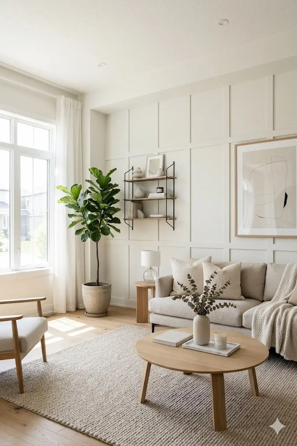 Minimalist living room with sleek flat panel wall molding