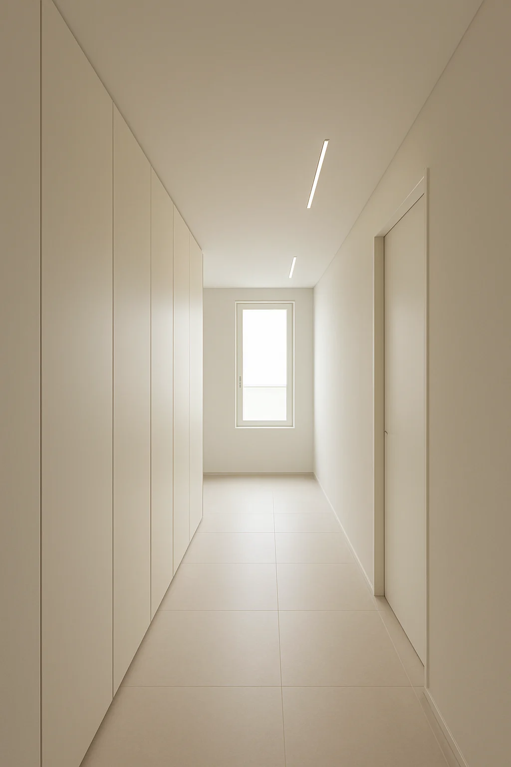 Clean minimalist hallway featuring simple decor and clutter-free organization