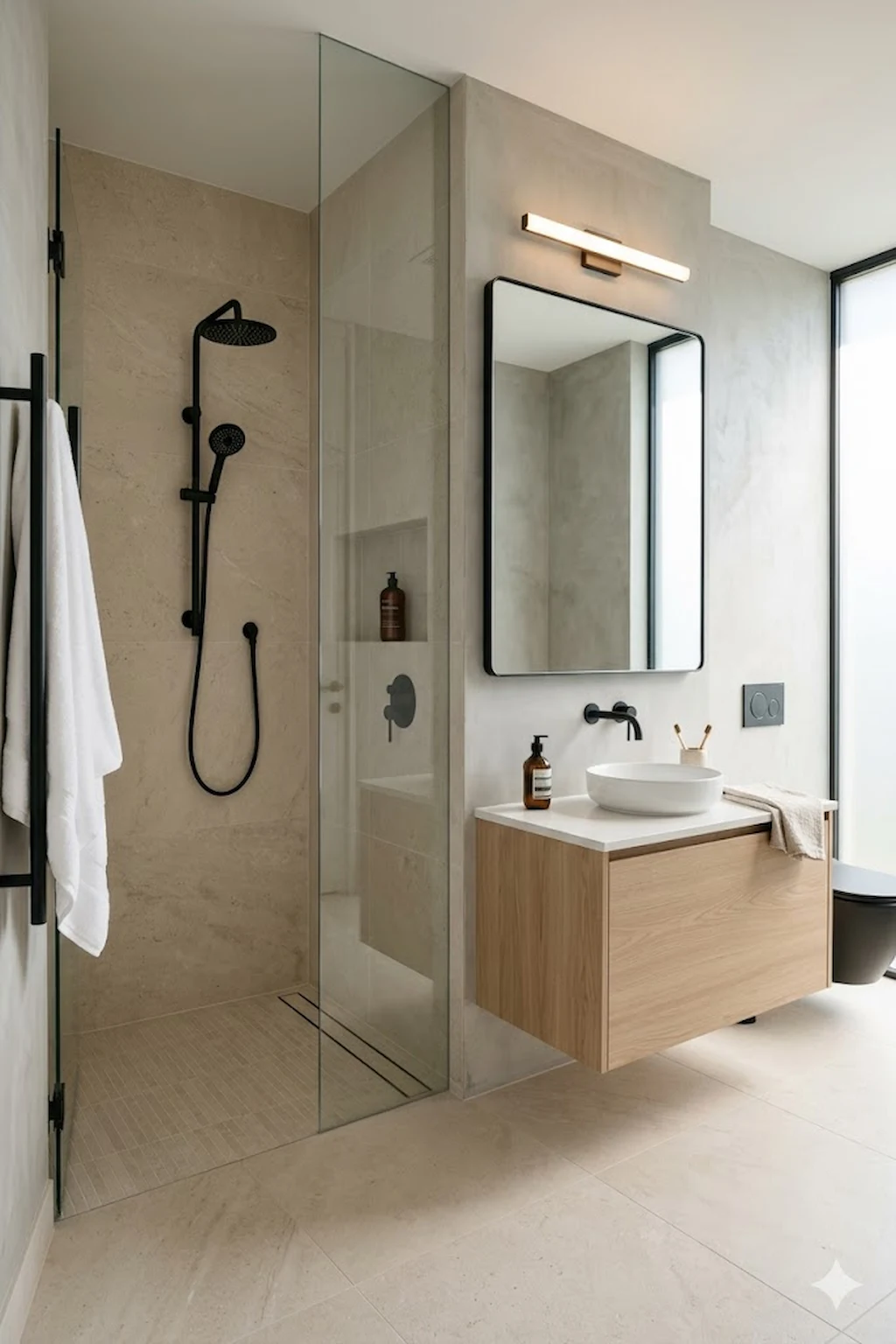 Sleek minimalist walk-in shower with clean lines and neutral tones