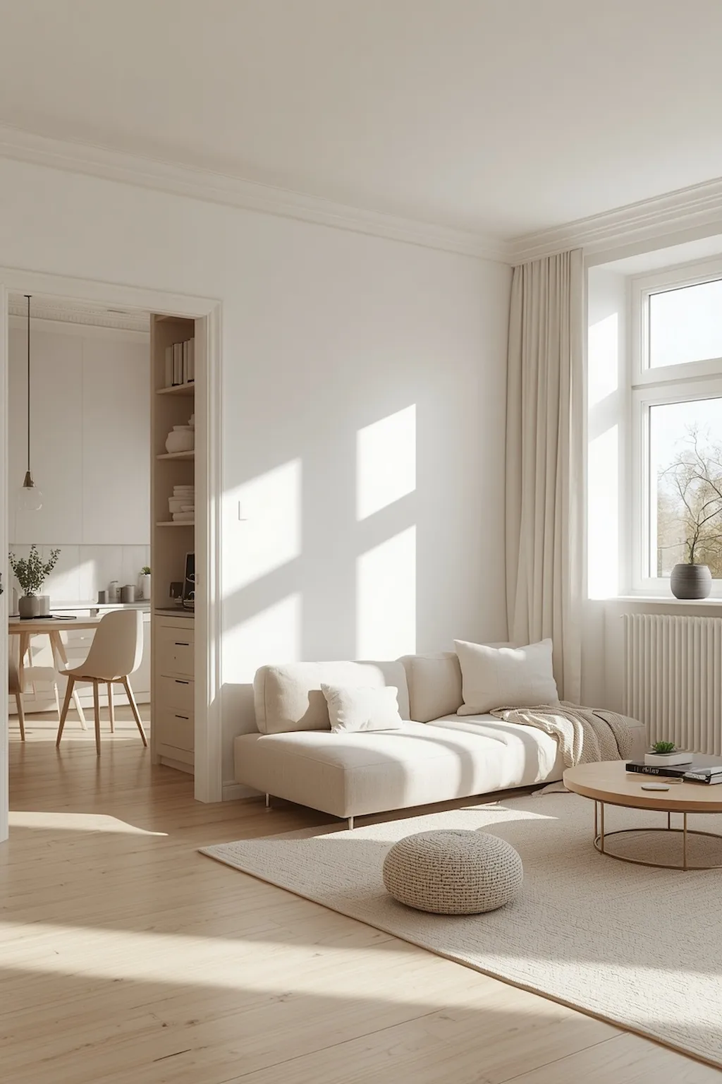 Minimalist studio apartment with neutral colors, clean furniture, and clutter-free modern decor