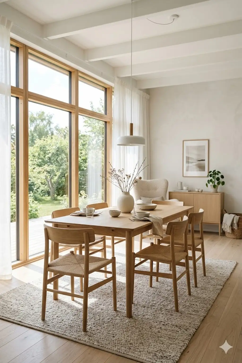Scandinavian dining room with neutral colors, simple furniture, and bright natural lighting