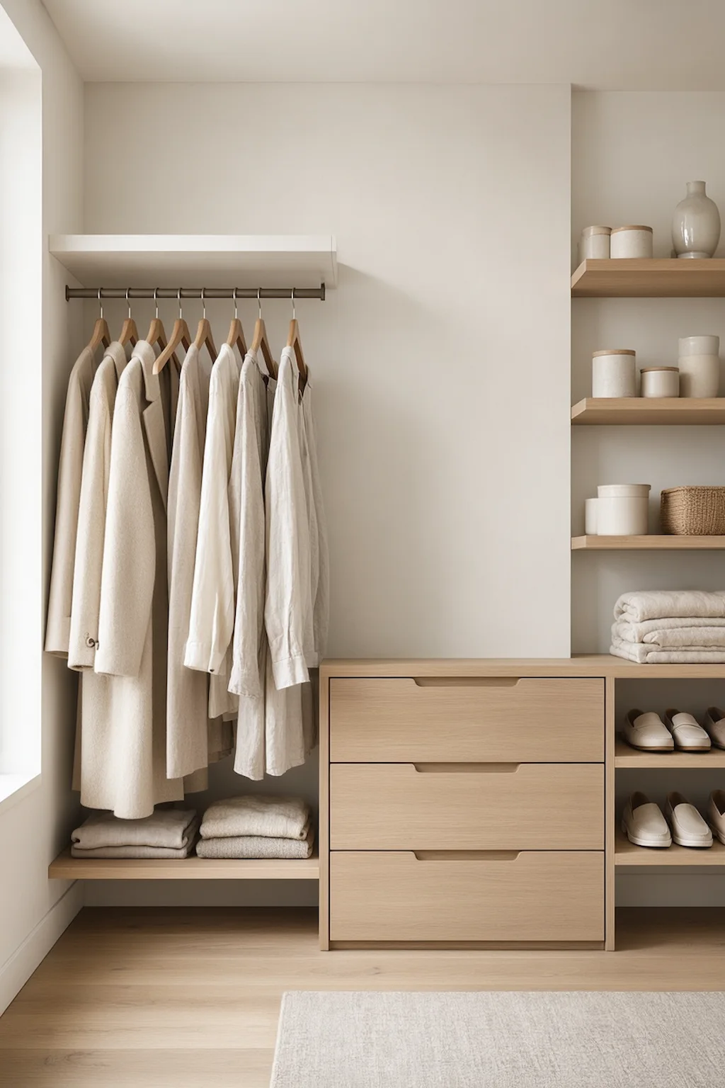 Minimalist closet featuring a clutter-free wardrobe and simple storage solutions