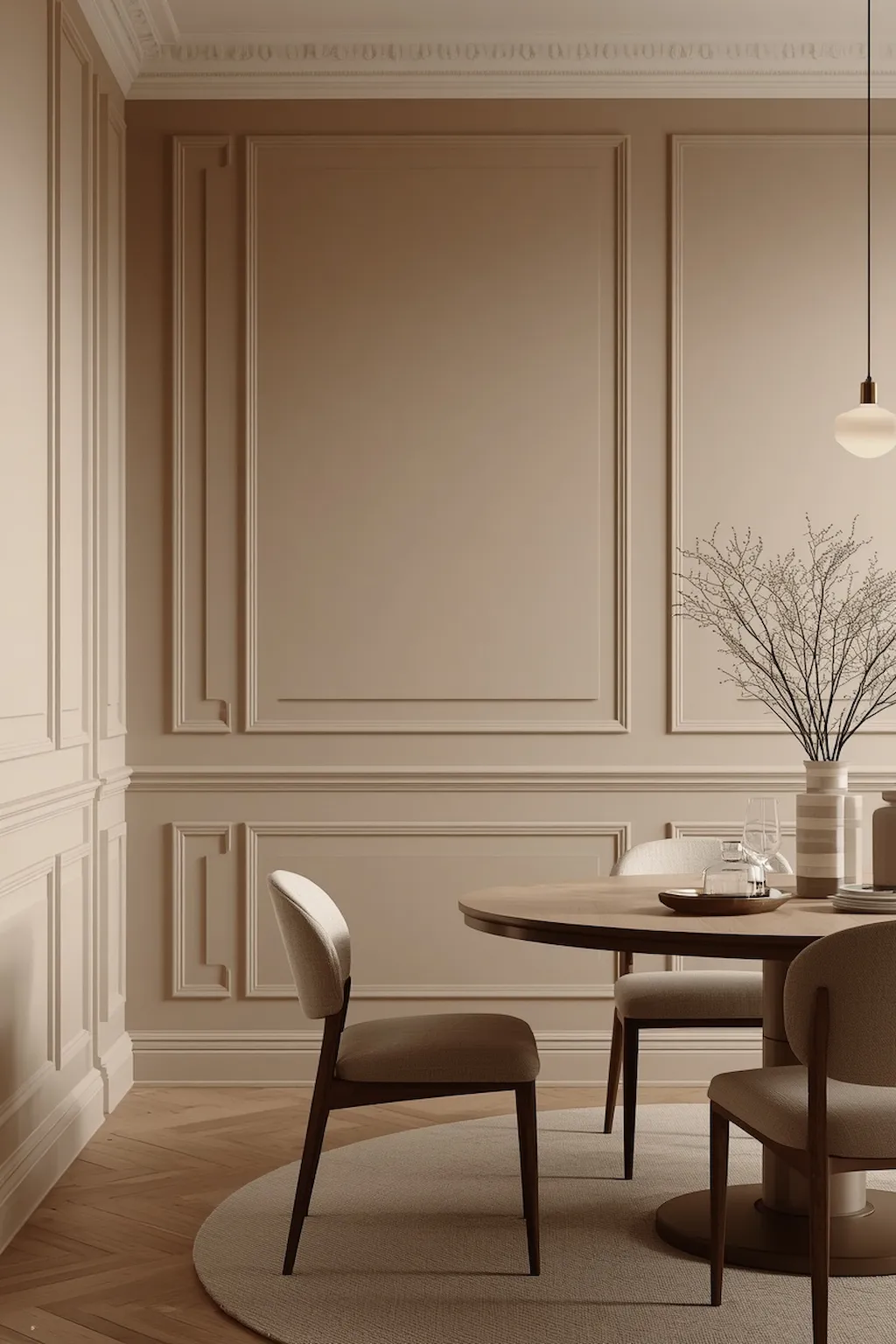 Modern dining room with elegant wall molding and minimalist paneling details