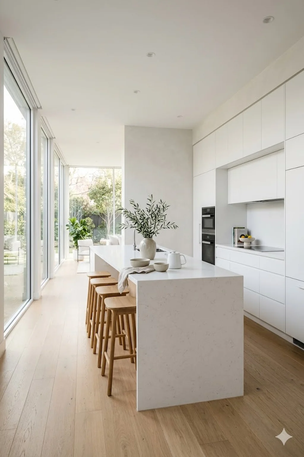 Modern white open kitchen with sleek cabinetry and quartz countertops