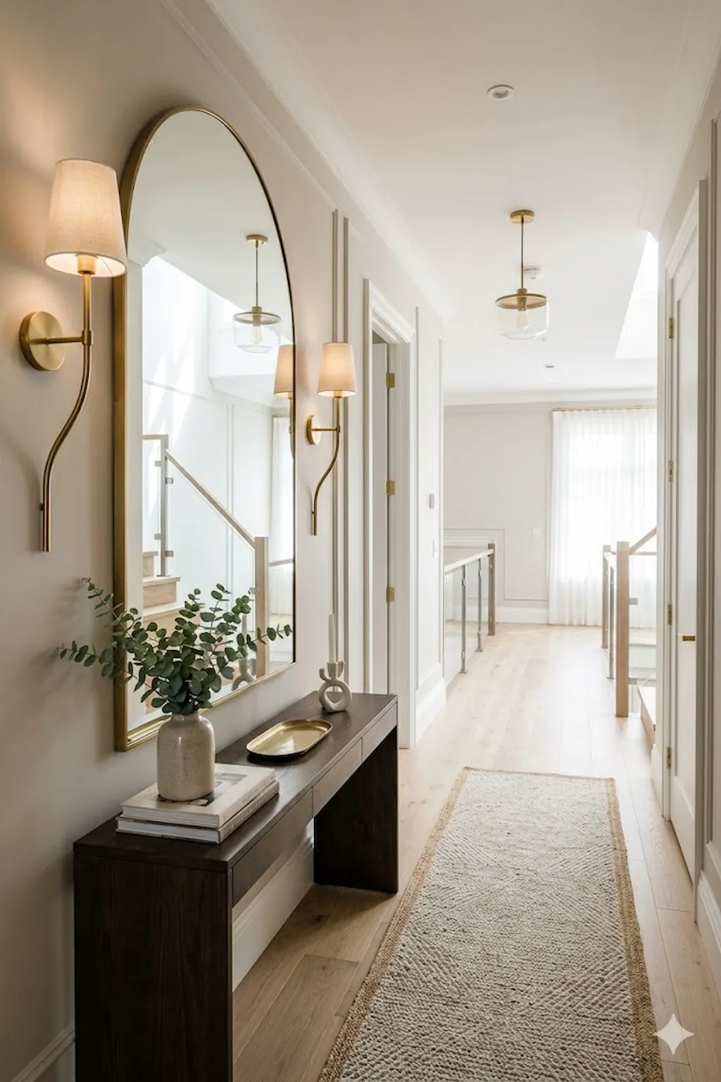 Upstairs hallway featuring a large decorative mirror that enhances light and space